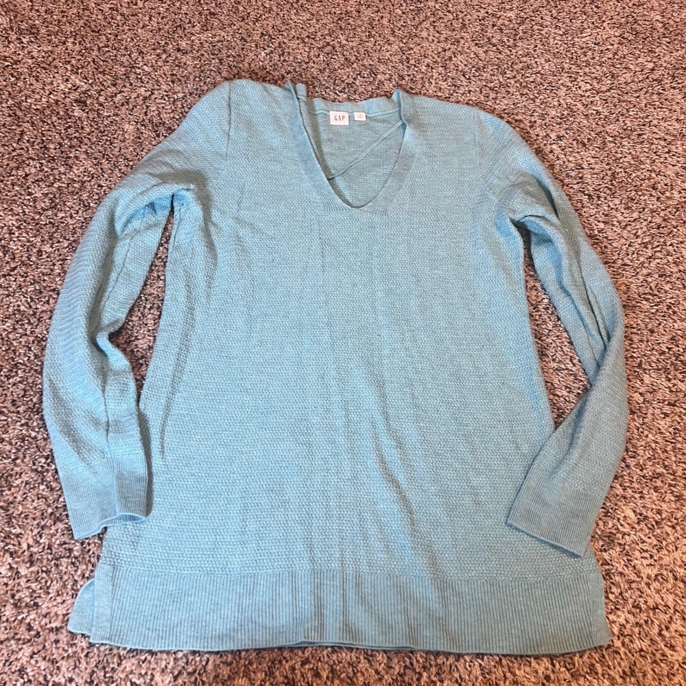 GAP‎ Women Light Blue Textured V Neck Sweater Size Small Merino Blend